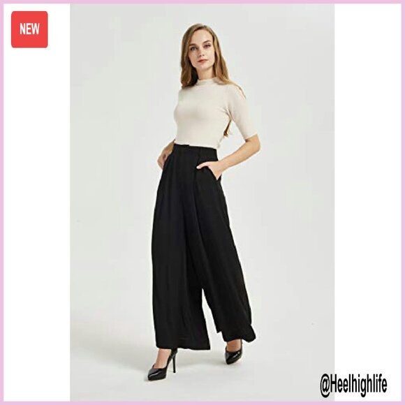 High Waist Wide Leg Palazzo Pants, Flowy Fabric, Zip Closure, Side Pockets - Picture 5 of 8